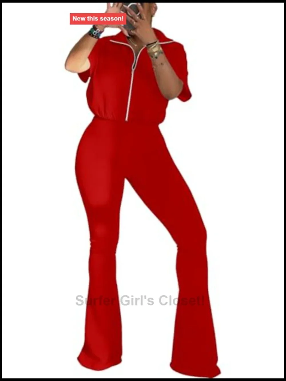 Short Sleeve Zip Up Top Flared Pants Tracksuit Jogger Set